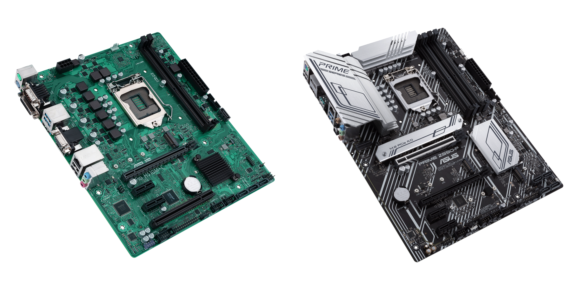 Micro-ATX-Board Pro H510M (left) and ATX-Board PRIME Z590-P (right) are developed to unleash the full potential of 11th Generation Intel® Core™ processors.